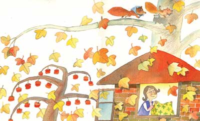 秋风吹,树叶落,老奶奶坐在窗口给小宝宝缝小花被.