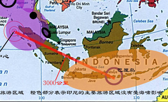 地震点离巴厘等主要旅游景点距离很远(图)