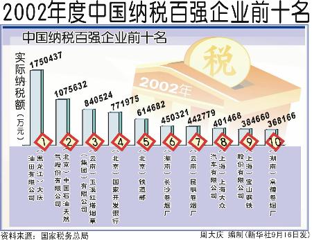图文:2002年度中国纳税百强企业前十名