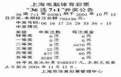 上海电脑体育彩票36选7+1开奖公告(图)