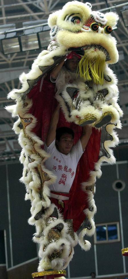 图文:舞龙舞狮――广东队获南狮规定套路比赛