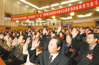 政协委员举手表决通过建议案.记者李永刚摄