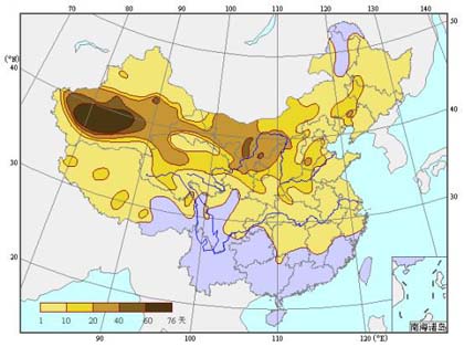 查看全部新闻图片1961~2000年40年平均的春季沙尘暴日数的全国分布