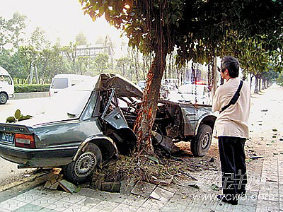 广州大观路口附近小车失控撞树