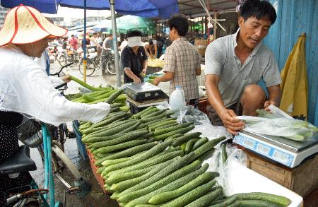图文:上海市民在蔬菜批发市场选购黄瓜