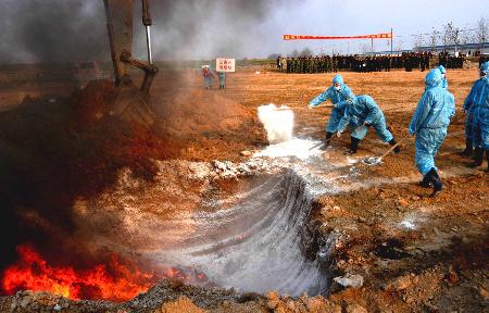 图文:山东防疫人员对病鸡无害化焚烧填埋