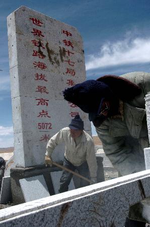 图文：工人在青藏铁路最高点海拔5072米处工作