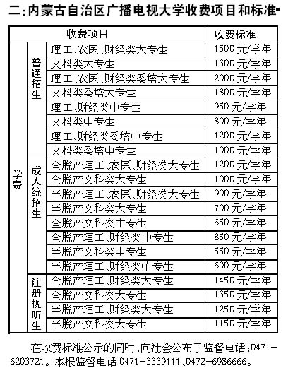 内蒙古自治区公办高校公示收费标准