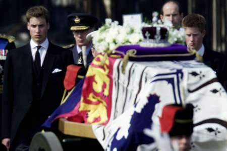 图文:威廉王子(左)、哈里王子(右)在灵柩后面