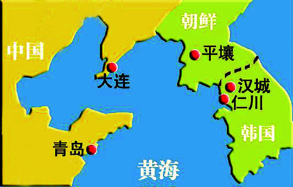 青岛与韩国仁川位置示意图.制图卢泽涛