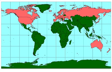 京都议定书中附件Ⅰ国家(红色)和附件Ⅱ国家(绿色)分布