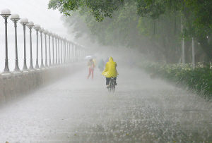 昨日下午3时,大暴雨下,骑车冒雨前行十分艰难. 高鹤涛 摄