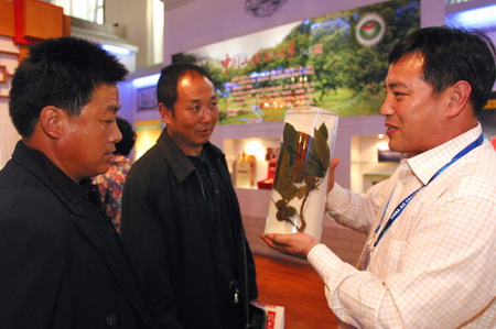 安徽省宣州宁国詹氏天然食品公司董事长詹权胜(右一)在展览区给两位