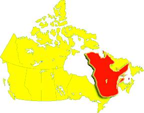加拿大地图(红色部分为魁北克)