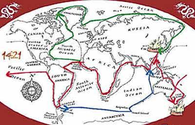曼席斯绘制的郑和舰队环球航行主要线路示意图
