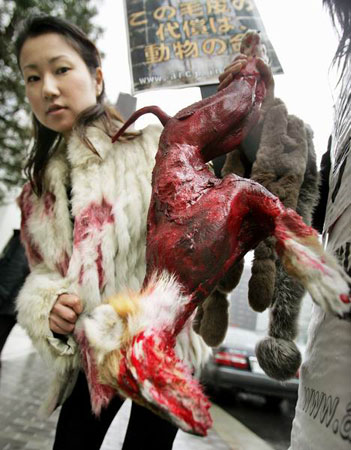 组图:女孩手持血腥动物道具警示人们善待动物