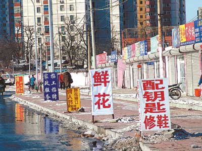 街边广告牌 排队抢生意,水闸放水后 野鸭喜报春