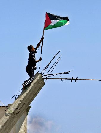 图文：巴男孩在屋顶插上巴勒斯坦国旗