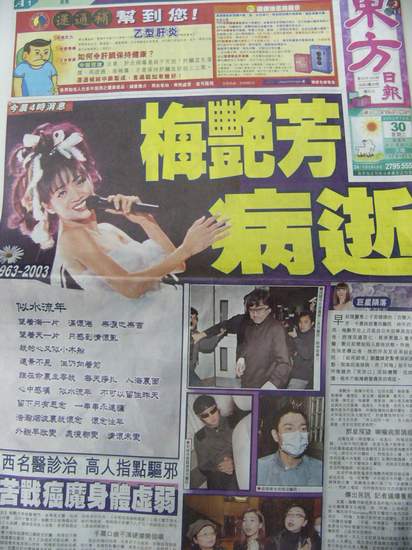 新浪娱乐讯 12月30日凌晨2点50分,香港著名演员梅艳芳在香港养和医院