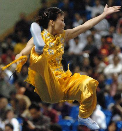 10月15日,河南队选手赵阳阳获得十运会武术套路女子剑术,枪术全能