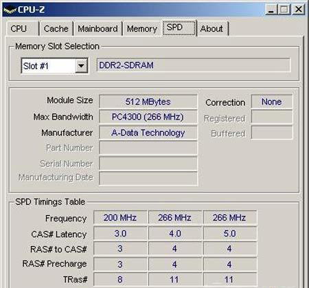 從cpu-z信息來看,其時序產品同樣較為出色,默認ddr2-533狀態下為4-4-4