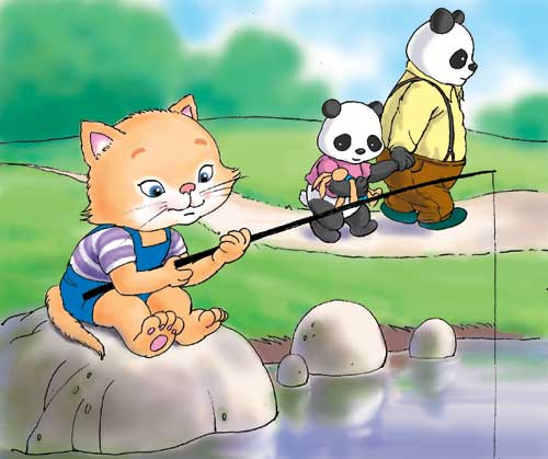 路过小河边,小熊猫看见小猫弟弟在钓鱼,小熊猫想:弟弟在钓鱼,好孩子不