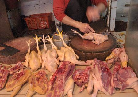 图文:〔社会〕(1)广州肉菜市场中仍见现场宰杀活鸡