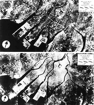 广岛遭原子弹袭击前后航空照片对比