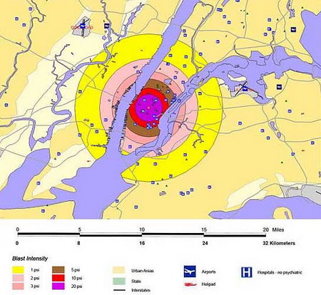 紐約遭550千噸當量核彈襲擊衝擊波示意圖