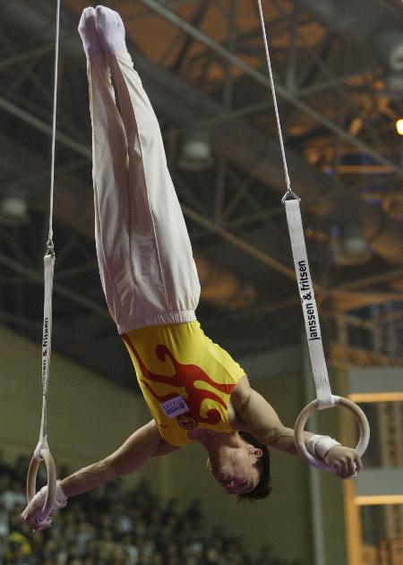 中国体操队员杨威获得男子吊环比赛冠军